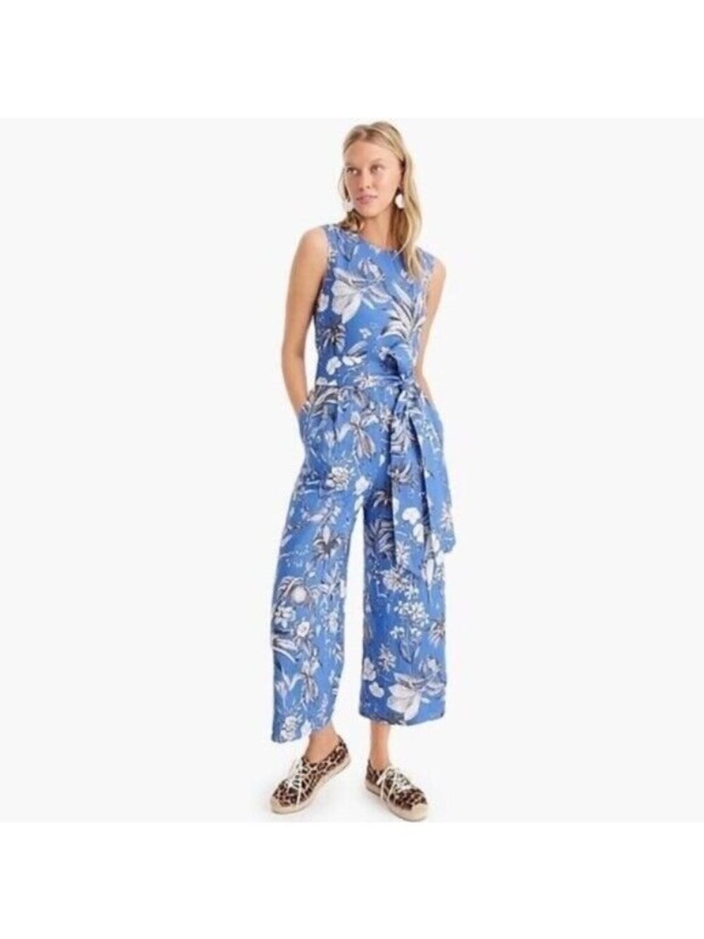 J.Crew Linen Jumpsuit Women’s Size 4 Ratti Tropical Toile Wrap-Back Blue Parr - Picture 1 of 6